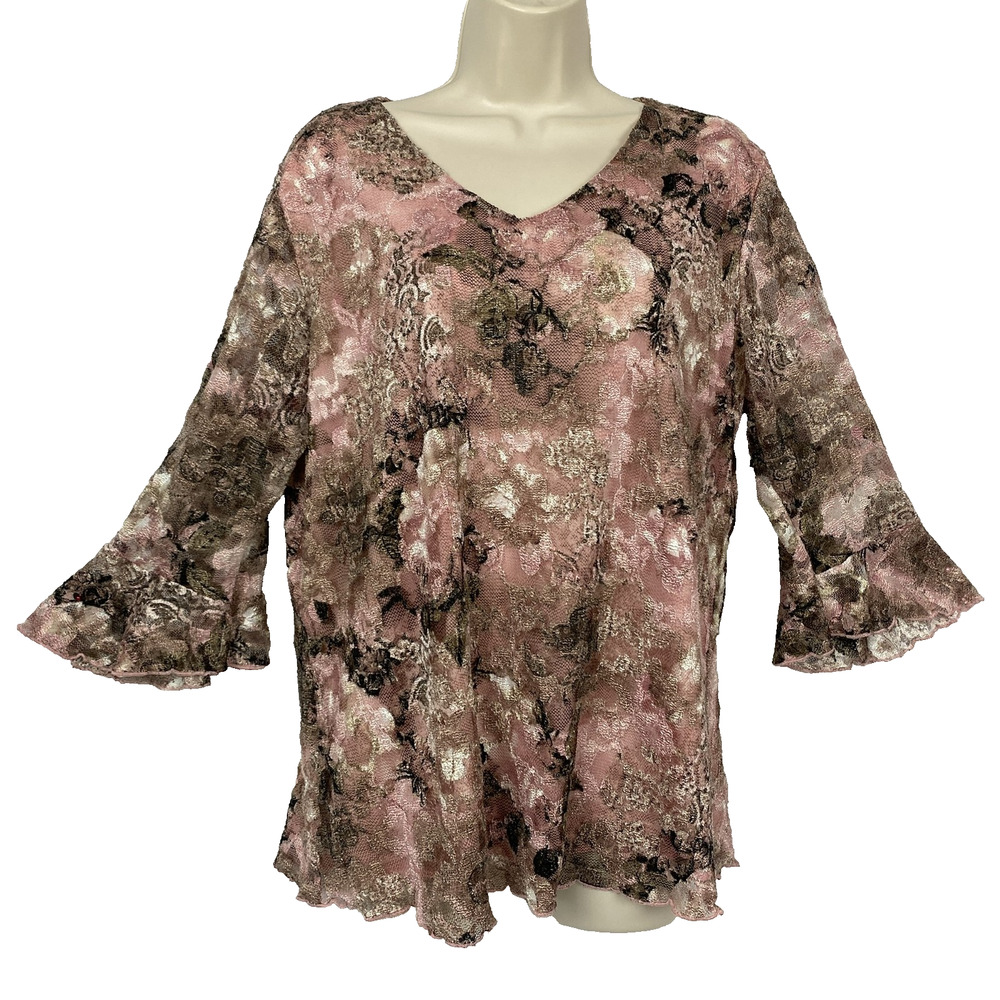 Dressbarn Top 1X Pink Floral Lace Bell Sleeve Sheer Layers Fairy Grunge Vtg Y2K